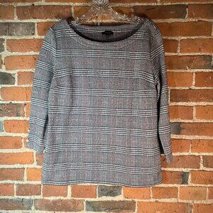 Talbots Womens M Houndstooth Top Black White Red 3/4 Sleeve Stretch Knit Classic